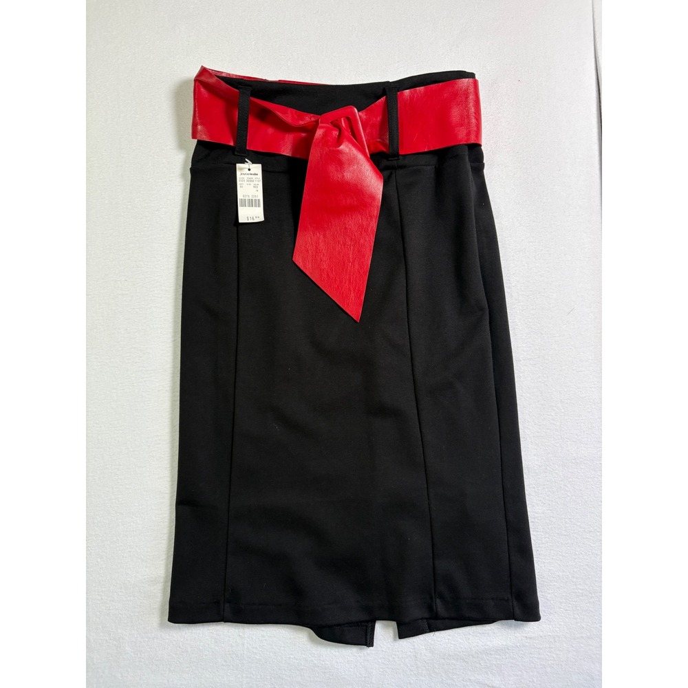 Joyce Leslie Black Pencil Skirt Red Faux Leather Belt High Waist Large NWT 51137